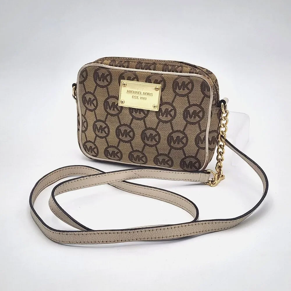 Michael Kors Monogram Jacquard MK Leather Trim Small Crossbody Bag Tan Brown